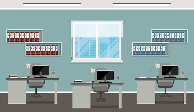 Conception Du Lieu De Travail Avec Trois Postes De Travail Et Mobilier De Bureau.