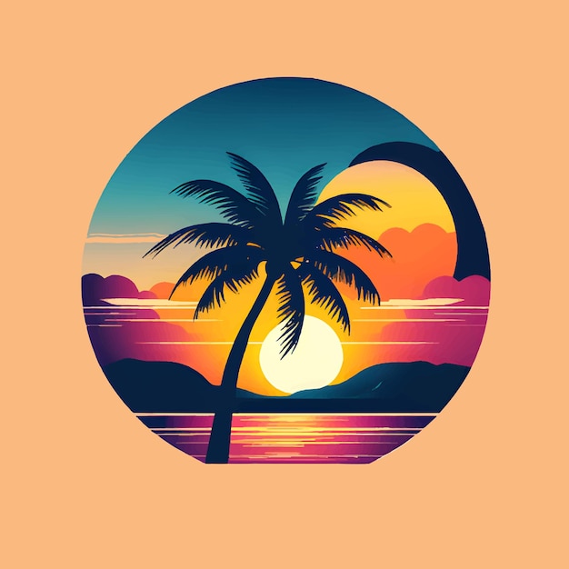 La conception du logo avec le coucher de soleil sur les icônes d'art de la plage 3 couleurs.