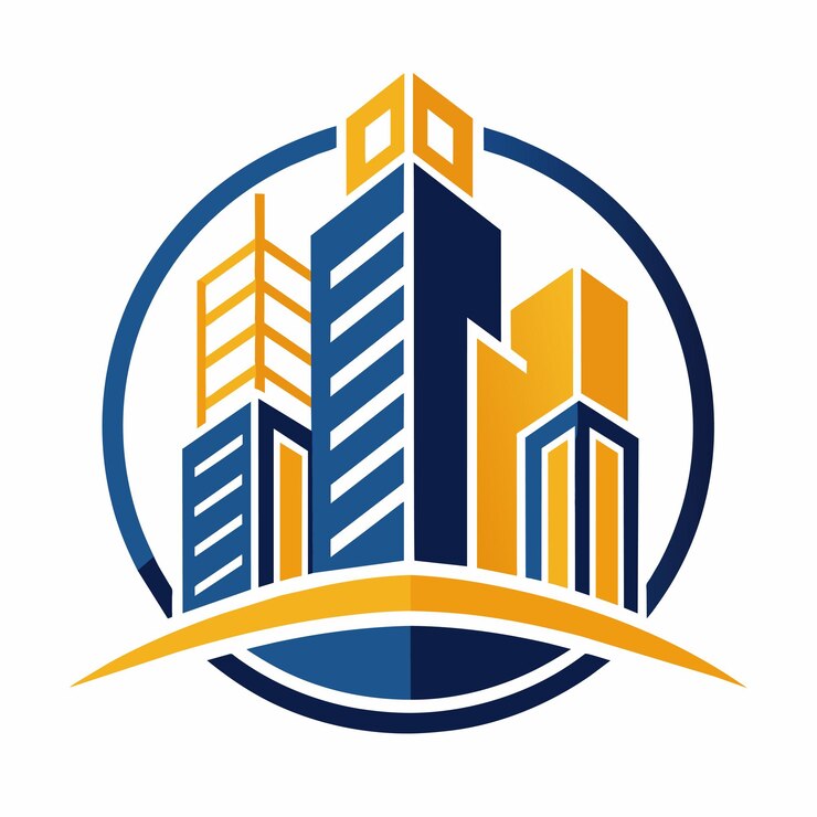 conception du logo avec des couleurs bleues et jaunes avec des bâtiments en silhouette en arrière-plan Tendances futures dans la technologie et le design de la construction