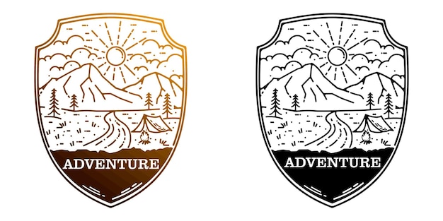 Vecteur la conception du logo de l'emblème de l'aventure utilise la conception monoline de style
