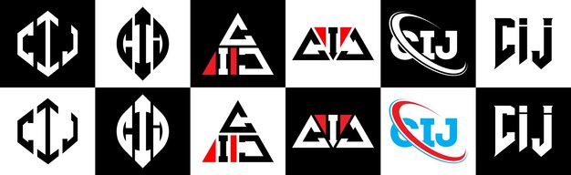 Vecteur conception du logo de la lettre cij en six styles cij polygon cercle triangle hexagone plat et style simple avec variation de couleur noir et blanc logo de la lettre défini dans un tableau d'art cij logo minimaliste et classique