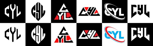 Vecteur conception du logo des lettres cyl en six styles cyl polygone cercle triangle hexagone plat et style simple avec variation de couleur noir et blanc logo des lettres défini dans un tableau d'art cyl logo minimaliste et classique