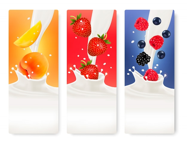 Conception D'emballage De Trois Fruits Et Lait.