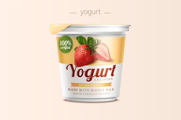 Conception d'emballage de yaourt aux fraises, récipient alimentaire