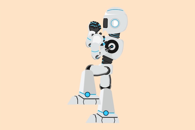 Conception d'entreprise dessinant un robot heureux debout avec une jambe levée et faisant le geste oui Développement technologique futur Apprentissage automatique de l'intelligence artificielle Illustration vectorielle de style dessin animé plat