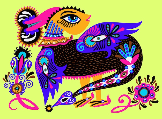 Conception ethnique fantastique de doodle animal dans le style karakoko animal inhabituel ukrainien traditionnel