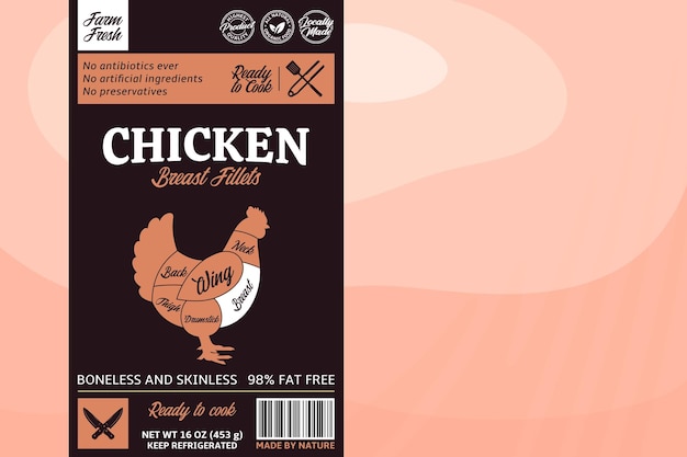 Conception d'étiquette de poulet vectoriel Fond de filet de poitrine Coupes américaines américaines de diagramme de poulet