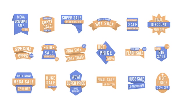 Conception D'étiquettes De Réduction, Badges De Vente, Coupons. étiquettes Et Tags Avec Des Informations Publicitaires Pour La Promotion Et Les Grosses Ventes. Collection D'étiquettes D'offres Spéciales, éléments De Bannière Pour Site Web Et Publicité.