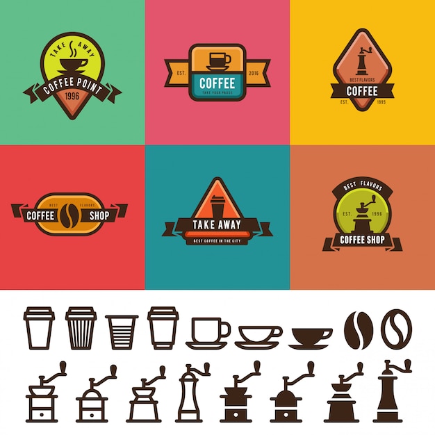 Conception D'étiquettes Vintage Coffee Shop. Modèles De Logos De Badges Avec Pack D'icônes