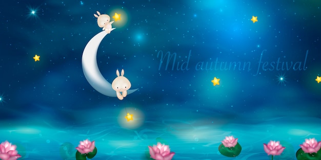 Conception de festival de mi-automne heureuse avec la pleine lune. Lapins sur fond de nuit avec belle lune.