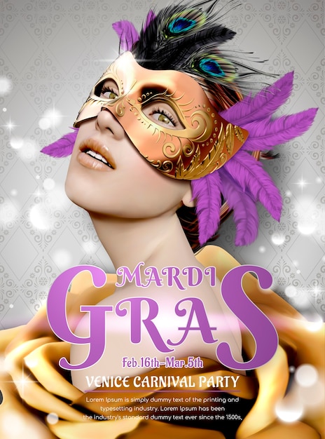 Conception de fête de carnaval de mardi gras avec modèle portant un masque