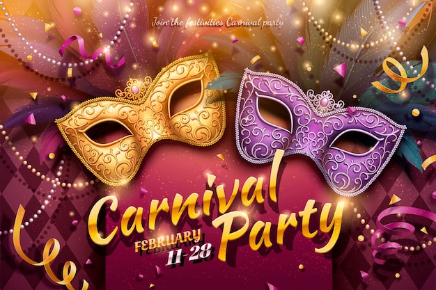 Conception de fête de carnaval avec des masques décoratifs et des perles en illustration 3d