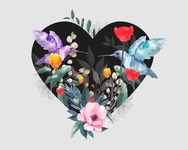 Conception florale pour la Saint-Valentin. Coeur avec oiseaux, fleurs et feuilles.
