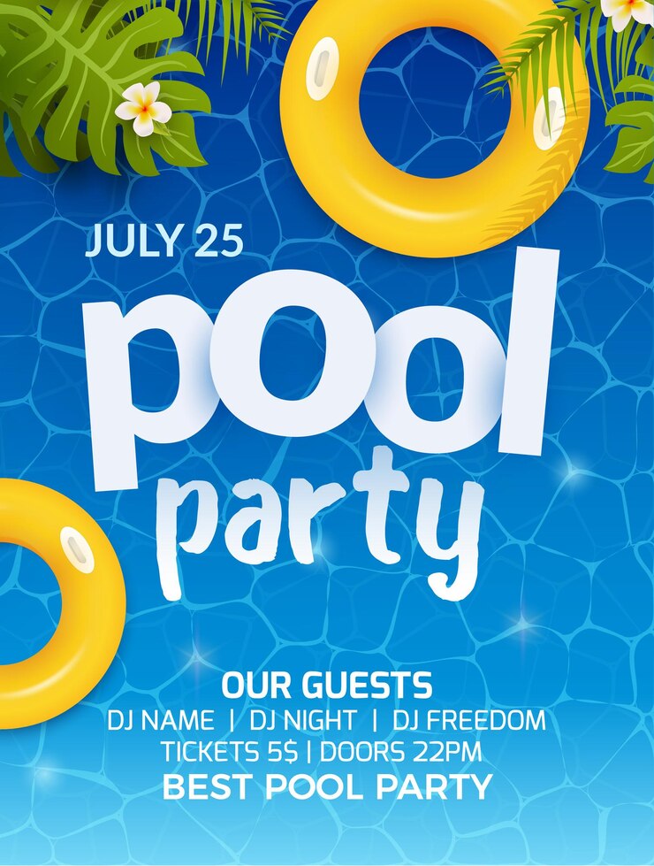 Vecteur conception de flyer de bannière d'invitation de fête d'été de piscine. matelas gonflable jaune eau et palmiers. affiche de modèle de fête de piscine.