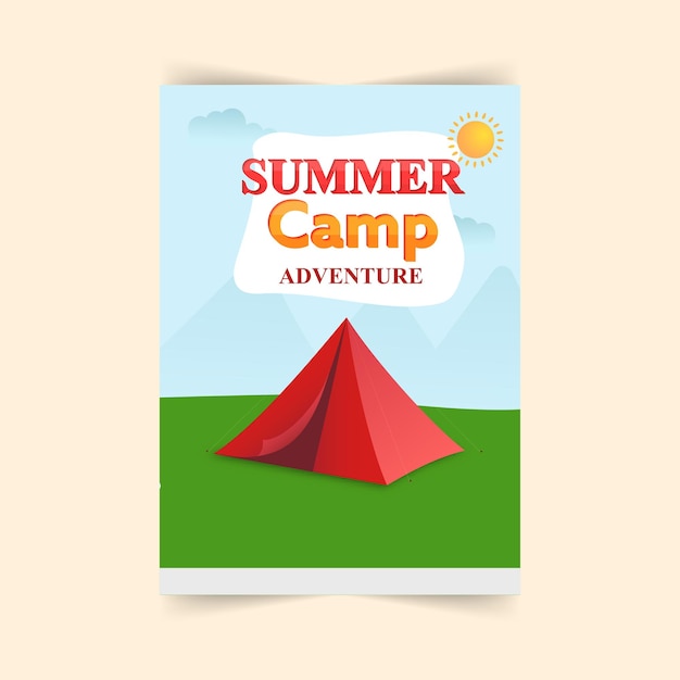 Conception De Flyer De Camp D'été D'aventure Avec Tente De Soleil Sur Fond De Paysage Vert Et Bleu