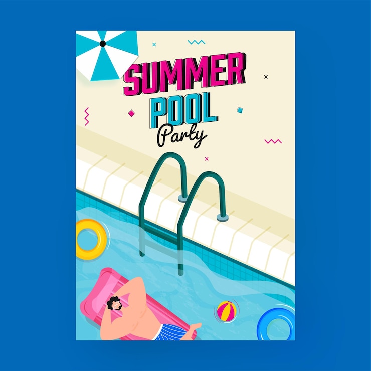 Vecteur conception de flyer de fête de piscine d'été avec vue de dessus du nageur mâle allongé sur un lit gonflable à la piscine