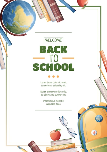 Conception de flyer avec globe de sac à dos scolaire et manuels Scolaire retour à l'école éducation Flyer affiche bannière taille a 4