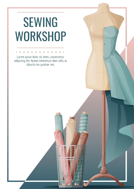 Conception de flyer avec mannequin de couture et rouleaux de tissu Industrie légère Broderie passe-temps couture Bannière d'affiche pour atelier atelier de couture