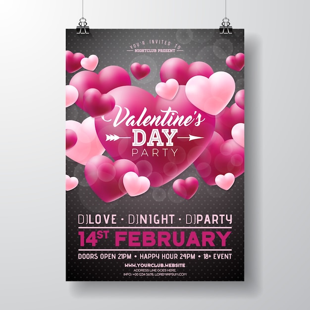Vecteur conception de flyer de vecteur valentin party avec love you typographie et coeur