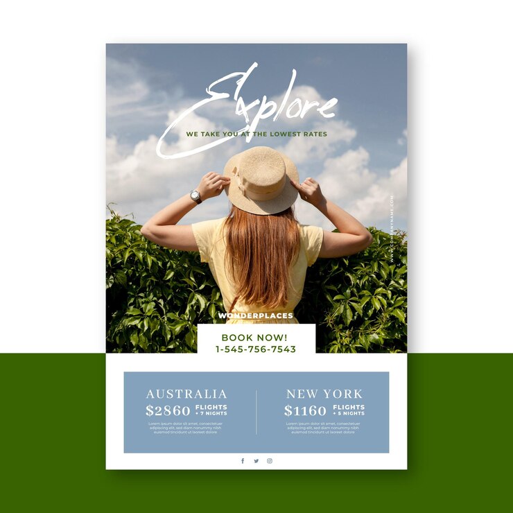 Vecteur conception de flyer de vente de voyage avec photo