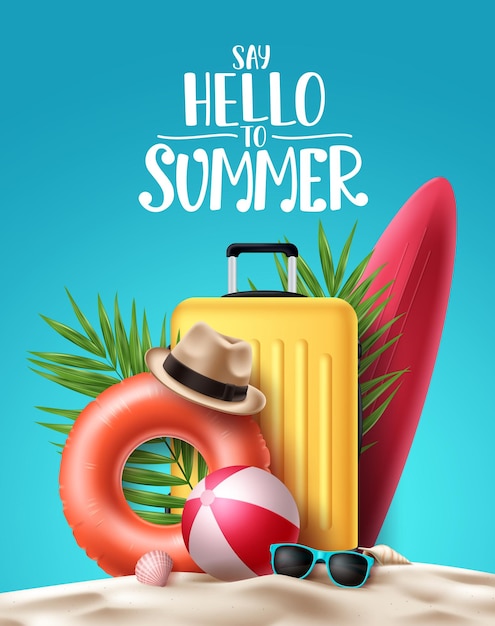 Vecteur conception de fond d'affiche de vecteur d'été bonjour texte de salutation d'été avec des éléments de plage comme des bagages
