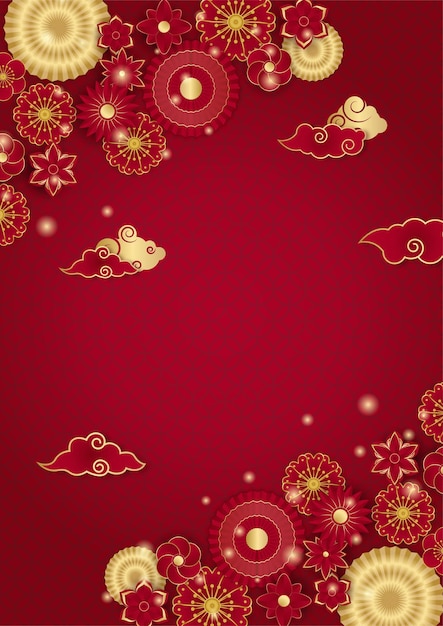 Conception de fond de bannière de festival de joyeux nouvel an chinois rouge et or. Fond chinois rouge et or de Chine avec lanterne, fleur, arbre, symbole et motif. Modèle chinois papercut rouge et or