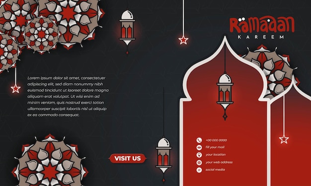 Conception de fond islamique avec un design rouge noir et or avec fond ornemental de mandala