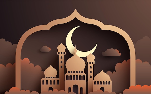 Conception De Fond Islamique Ramadan Papercut Avec Nuage De Mosquée Et Une Lune