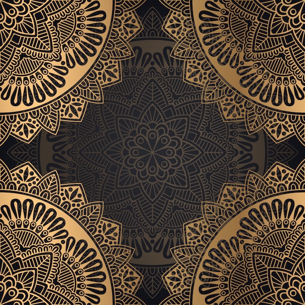 Vecteur conception de fond de modèle sans couture mandala en couleur noire et dorée