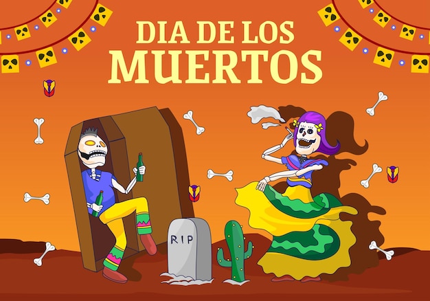 Conception de fond réaliste du festival dia de muertos avec vecteur premium d'action de danse et de fête