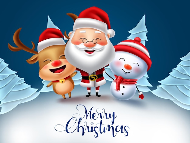 Conception de fond de vecteur de caractère de Noël Salutation de texte de Noël joyeux avec des personnages
