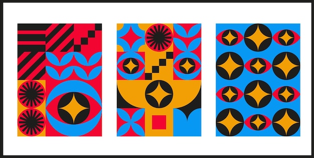 Conception géométrique Bauhaus avec des éléments d'yeux. Formes et formes modernes primitives. Affiches d'intérieur vectorielles, couvertures, bannières.