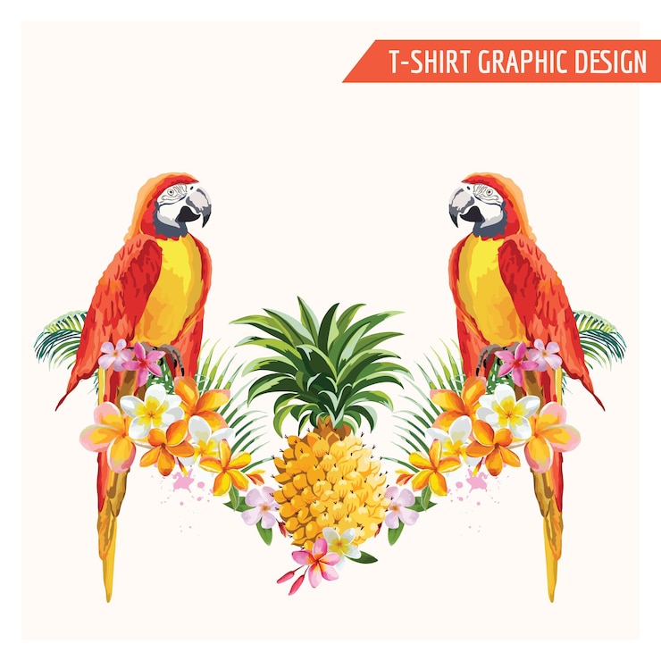 Vecteur conception graphique de fleurs tropicales et d'oiseaux perroquets pour t-shirt, mode, imprimés