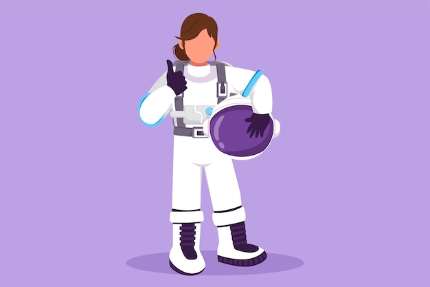 Conception graphique à plat dessin femme astronaute se tient avec le pouce levé geste portant une combinaison spatiale explorant la terre lune autres planètes dans l'univers Commencer l'expédition spatiale Illustration vectorielle de style dessin animé