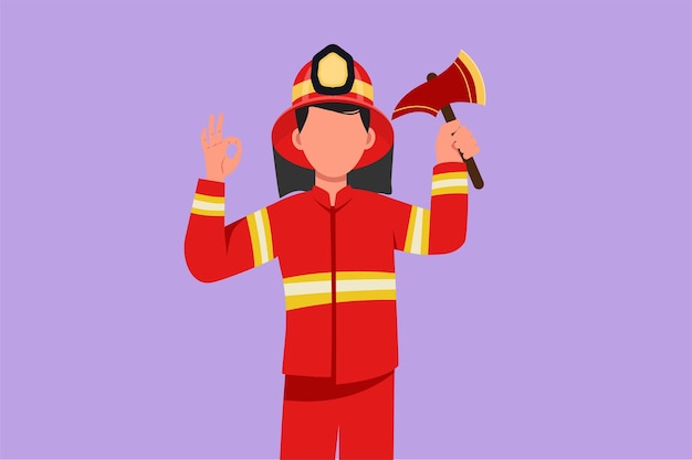 Vecteur conception graphique à plat dessinant des pompiers masculins en uniforme complet tenant une hache de bris de verre avec un geste correct préparez-vous à éteindre le feu qui a brûlé le bâtiment illustration vectorielle de style dessin animé