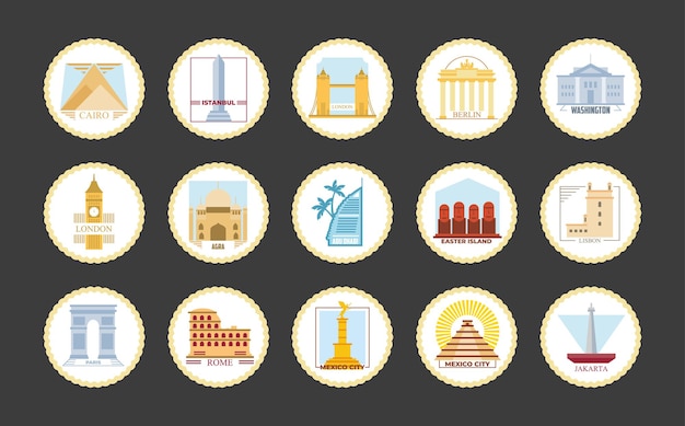 Vecteur conception de groupe d'icônes de timbres de ville mondiale, tourisme de voyage et illustration de thème de tournée