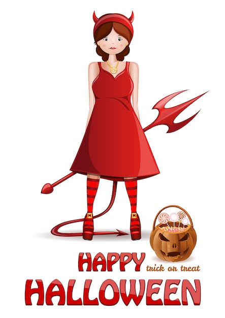 Conception d'Halloween heureux. Jolie fille dans un costume de démon rouge avec un panier de bonbons.