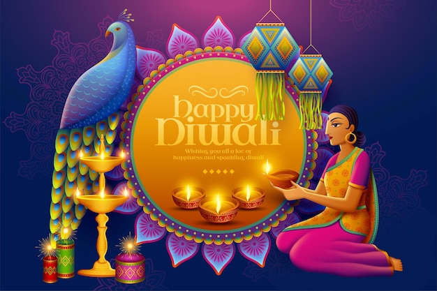 Conception Heureuse De Diwali Avec Une Belle Femme Indienne Tenant Une Lampe à Huile Diya