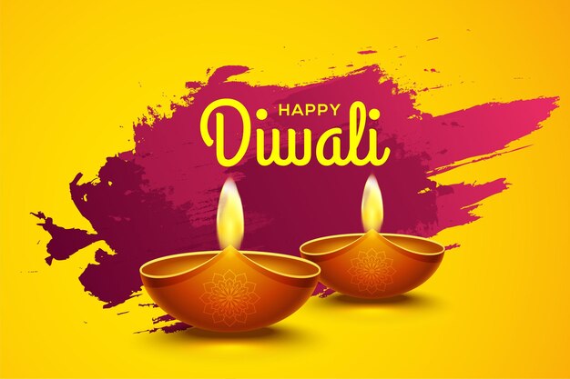 Conception heureuse de diwali avec des éléments de lampe à huile de diya sur le fond abstrait rose, effet étincelant de bokeh