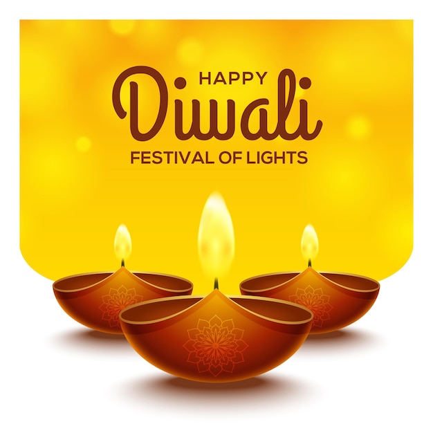 Conception heureuse de diwali avec des éléments de lampe à huile de diya sur le fond jaune de rangoli, effet étincelant de bokeh