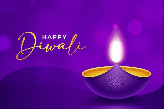 Conception Heureuse De Diwali Avec Des éléments De Lampe à Huile Diya Sur Fond Violet, Effet Scintillant Bokeh
