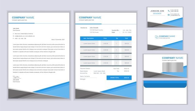 Conception D'identité D'entreprise De Papeterie D'entreprise Avec Facture De Modèle D'en-tête Et Carte De Visite