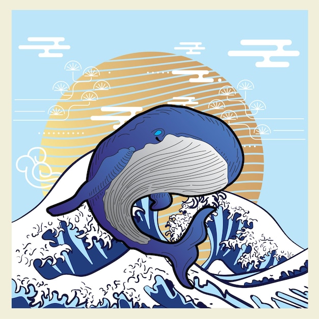 Conception D'illustration De Baleine Avec Fond De Style Japonais Rétro