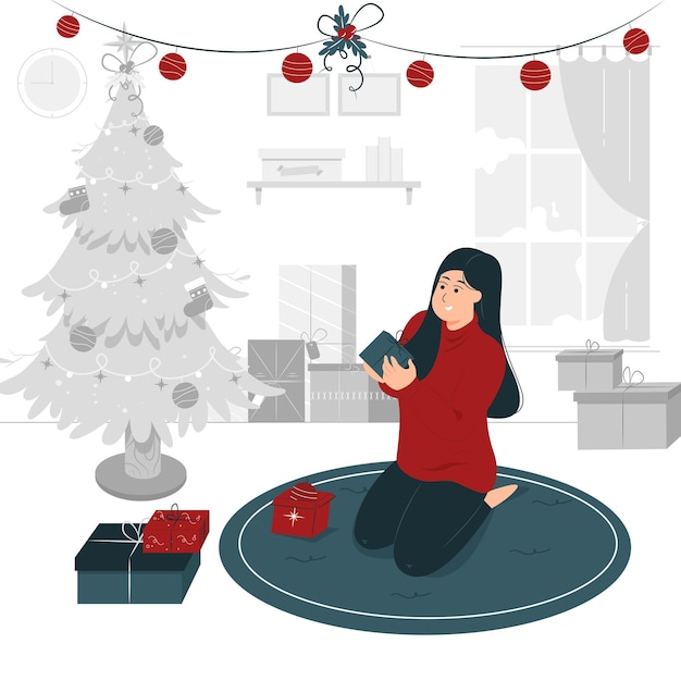 Conception D'illustration De Concept D'une Fille Assise Et Tenant Le Cadeau De Noël