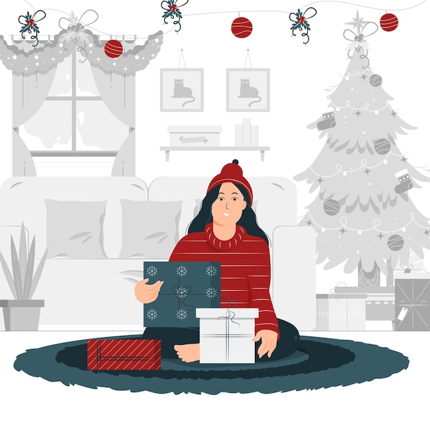 Conception D'illustration De Concept D'une Fille Assise Et Tenant Le Cadeau De Noël