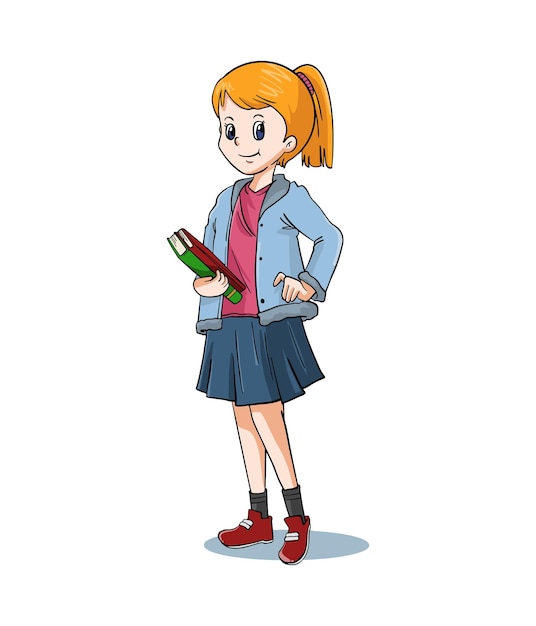 Vecteur conception d'illustration de dessin animé jolie jolie fille portant un livre prêt à aller à l'école