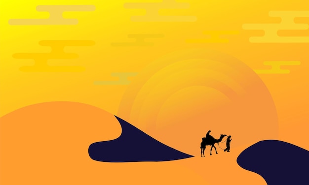 conception d'illustration du désert le matin avec silhouette de chameau et ornements de soleil