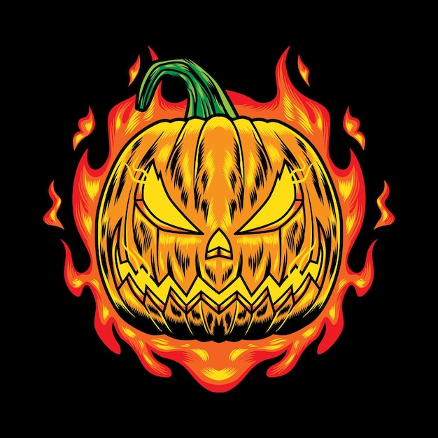 Conception D'illustration Du Personnage De Citrouille D'halloween Avec Une Flamme De Feu Au Néon Sur Fond Noir