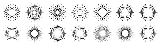 Conception d'illustration de ligne de jeu Sunburst. Collection de rayons de soleil, éléments de logo hipster linéaires de rayons de soleil