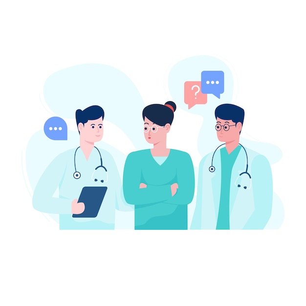 Une conception d'illustration plate de l'équipe de santé de discussion de médecins